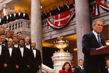 Decorative Flags and Bunting at 2002 Olympic Opening Event - President George Bush Speaking